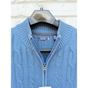 IZOD Sweater Mens 2XLT Blue Cable Knit 1/4 Zip Pullover Cotton Mock Neck NWT